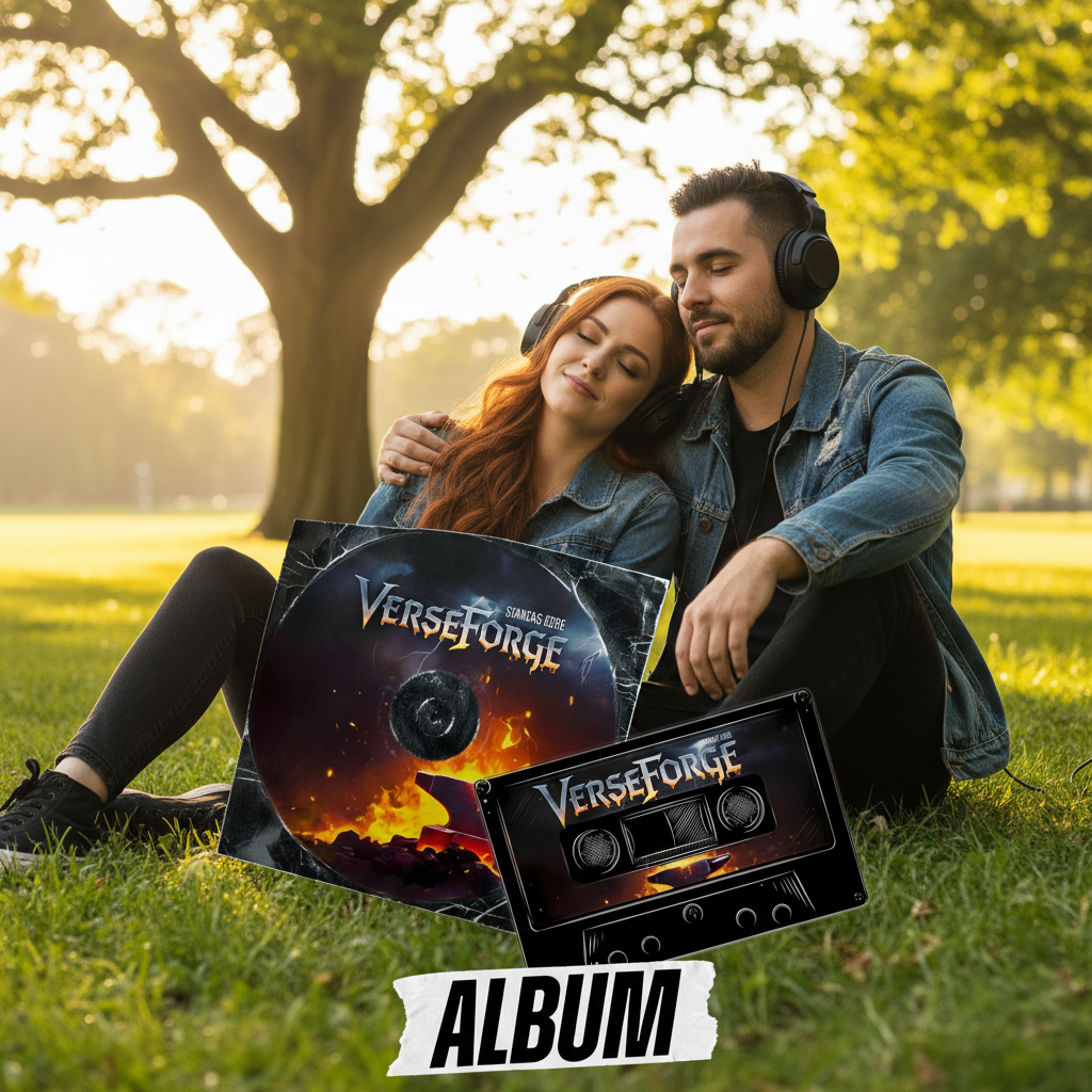 VerseForge album cover with fiery design and cassette tape on a dark background